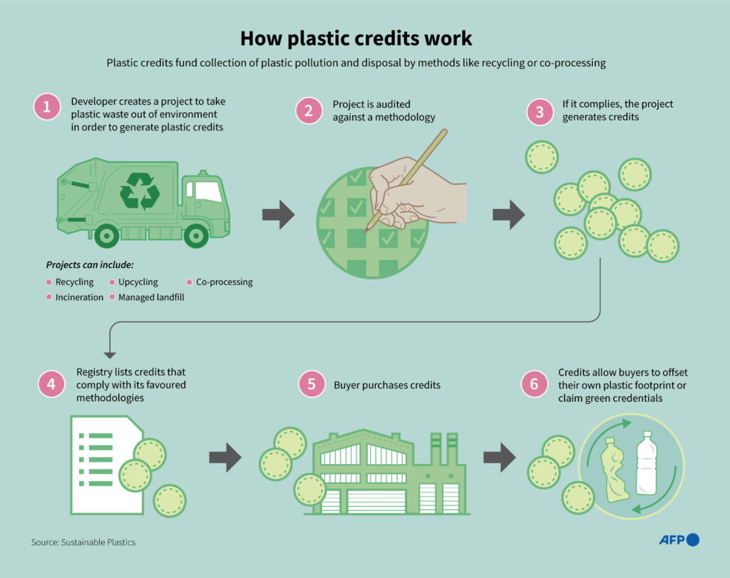 Graphic: How plastic credits work
Plastic credits fund collection of plastic pollution and disposal by methods like recycling or co-processing.

1. Developer creates a project to take plastic waste out of environment in order to generate plastic credits.

2. Project is audited against a methodology.

3. If it complies, the project generates credits.

4. Registry lists credits that comply with its favoured methodologies.

5. Buyer purchases credits.

6. Credits allow buyers to offset their own plastic footprint or claim green credentials.